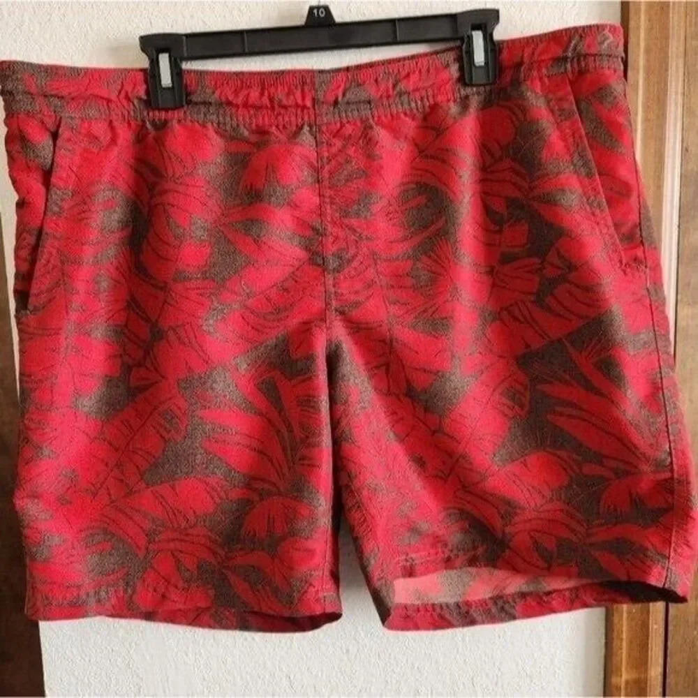 Eddie Bauer Men's‎ Large Red Brown Leaf Print Bathing Suit Swim Trunks Shorts
